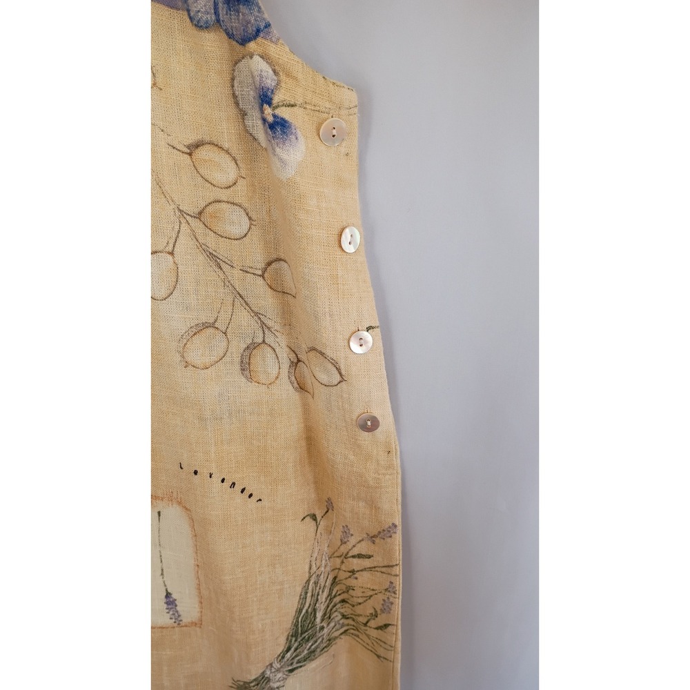 Sweet Jessie Yellow 100% Linen Botanical Print Sleeveless Shift Dress Lavender M - Picture 2 of 8